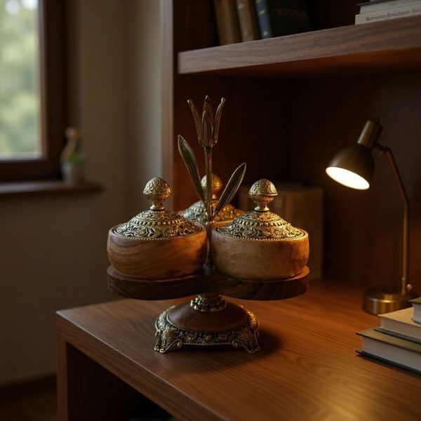 اردو خوری چوب و برنز سه خانه